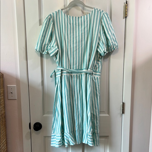 NWT Draper James Teal and White Puff Sleeve True Wrap Linen Mini Dress - Size XL - Picture 11 of 16